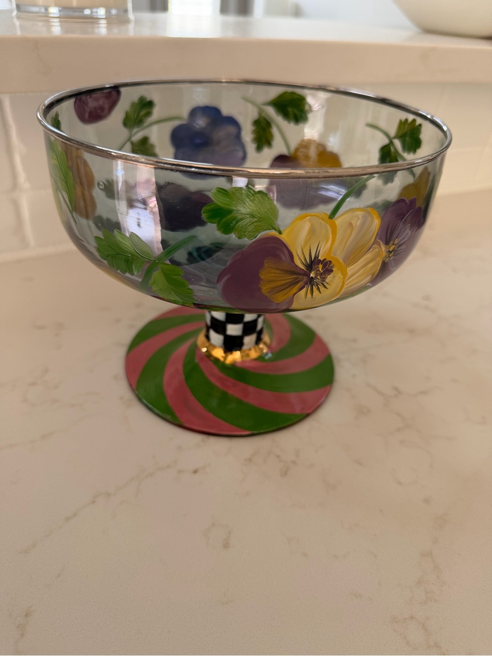 MacKenzie-Childs Hand-Painted Pansy Glass Coupe in Yellow, Purple & Green
